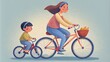 A mother and child riding side by side with the child learning the importance of sustainable transportation and physical activity through the