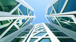 Sustainable green building. Eco-friendly building. Sustainable glass office building. Corporate building. Skyscraper building with clear blue sky. Buildings are tall and has a modern design