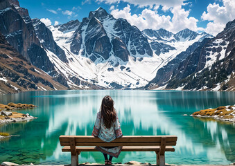 Sticker - woman sitting on the shore of a mountain lake