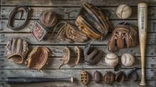 A Collection Of Vintage Baseball Equipment Arranged Neatly On A Weathered Wooden Bench. Leather Gloves, Weathered Baseballs, Wooden Bats, And Old-fashioned Catcher's Masks