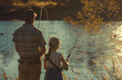 A father and daughter bonding over a fishing trip on a tranquil lake, with fishing rods in hand and a sense of camaraderie between them