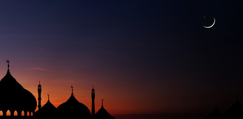 Wall Mural - Night Sky with Star,Islamic card with Mosques dome,Crescent moon on Sunset sky, Ramadan Night with twilight dusk sky for Islamic religion,Eid al-Adha,Eid Mubarak,Eid al fitr,Ramadan Kareem,Muharram..