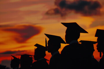 Poster - Silhouettes of university students graduates in robes and hats with tassels against a sunset background.