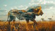 Photographing a lion and the African savanna with double exposure