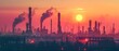 Pollution caused by emissions from an oil refinery plant with pipelines and storage tanks. Concept Oil Refinery Pollution, Emissions, Pipeline Contamination, Storage Tank Leaks, Environmental Impact