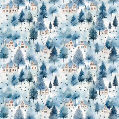 Wall Mural - Watercolor seamless pattern with wintry village scenes and snow-dusted trees.