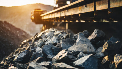 Conveyor belt carries ore rocks in moody evening light, symbolizing industrial progress and mineral extraction