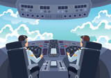 Fototapeta Las - Airplane cockpit pilots. Back view of cabin crew flying airplane. Pilot and copilot inside cockpit during flight. cartoon illustration