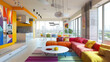 Modern apartment design in bright cheerful colors in style naivety and infantilism. Creative home interior concept.