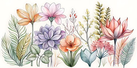 Wall Mural - set of hand drawn watercolor plants. botanical illustration