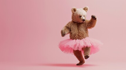 Wall Mural - Bear cub in a pink tutu dancing on a pink background