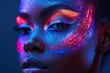 A powerful half-body shot of a model with neon makeup.