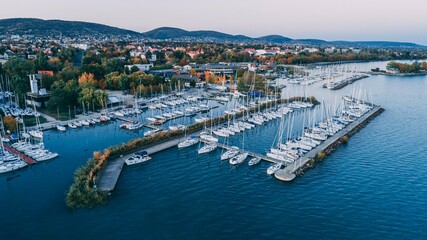 Aerial view of a port with moored yachts and boats