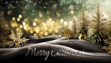 Card Or Banner To Wish A Merry Christmas In White And Black Represented By A Black Hill With Gold-colored Fir Trees On A Black And Gold Background With Circles In Gold Bokeh Effect