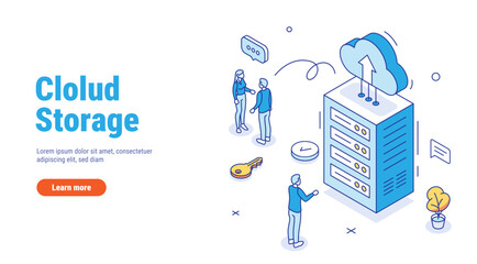 Cloud storage outline concept. Booting or using cloud servers, remote access computers. Business processes. Flat isometric vector illustration isolated on white background.