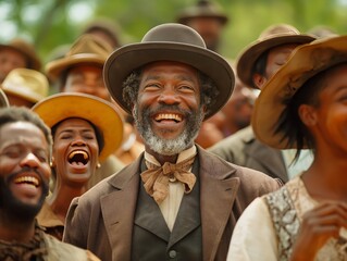 Canvas Print - A man with a hat and a bow tie is smiling and laughing with a group of people. Scene is happy and joyful