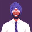 Portrait of a young Sikh man. The head of a guy with a beard in a turban. Portrait of a businessman. Vector flat illustration
