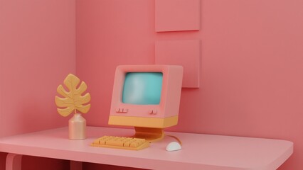 Poster - Retro Tech Charm: Vintage Computer Setup in Pastel Decor