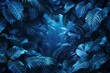 Digitally manipulated image: A glowing light blue neon frame surrounds tropical leaves on a dark background, evoking a junglepunk aesthetic