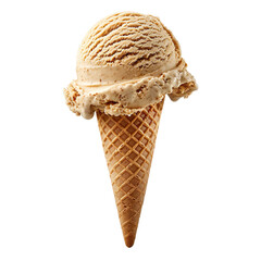 Wall Mural - Front view of a delicious looking single gingerbread cookie ice cream scoop on a cone levitating in the air isolated on a white transparent background