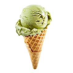 Wall Mural - Front view of a delicious looking single green tea ice cream scoop on a cone levitating in the air isolated on a white transparent background