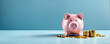Sad and worried pink pig piggy bank next to a few gold coins, isolated on blue background. Investment failure, bankruptcy concept - Generative AI
