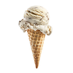 Wall Mural - Front view of a delicious looking single maple walnut ice cream scoop on a cone levitating in the air isolated on a white transparent background