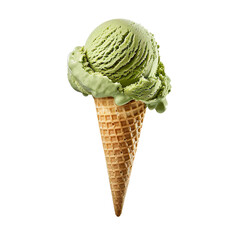 Wall Mural - Front view of a delicious looking single matcha ice cream scoop on a cone levitating in the air isolated on a white transparent background