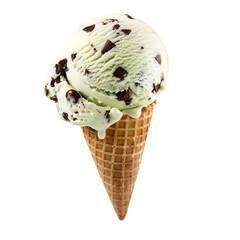 Wall Mural - Front view of a delicious looking single mint chocolate chip ice cream scoop on a cone levitating in the air isolated on a white transparent background