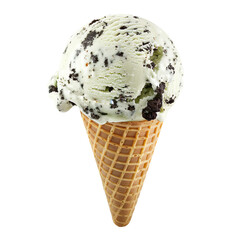 Wall Mural - Front view of a delicious looking single mint cookies and cream ice cream scoop on a cone levitating in the air isolated on a white transparent background