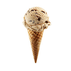 Wall Mural - Front view of a delicious looking single mocha almond fudge ice cream scoop on a cone levitating in the air isolated on a white transparent background
