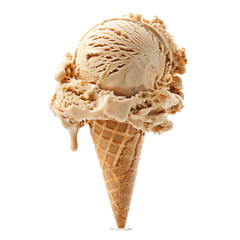 Wall Mural - Front view of a delicious looking single peanut butter caramel swirl ice cream scoop on a cone levitating in the air isolated on a white transparent background