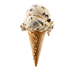 Wall Mural - Front view of a delicious looking single peanut butter cup ice cream scoop on a cone levitating in the air isolated on a white transparent background