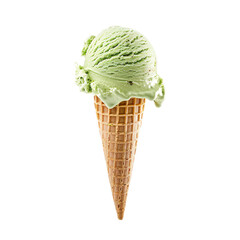 Wall Mural - Front view of a delicious looking single pistachio ice cream scoop on a cone levitating in the air isolated on a white transparent background