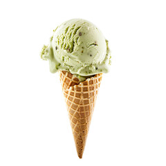 Wall Mural - Front view of a delicious looking single pistachio almond ice cream scoop on a cone levitating in the air isolated on a white transparent background
