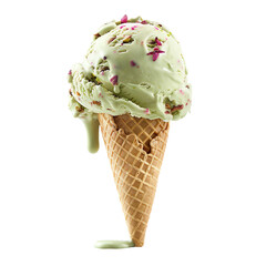 Wall Mural - Front view of a delicious looking single pistachio cherry blossom ice cream scoop on a cone levitating in the air isolated on a white transparent background