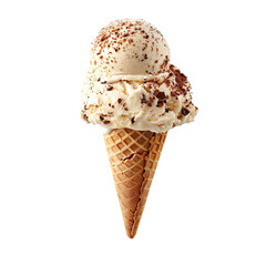 Wall Mural - Front view of a delicious looking single tiramisu ice cream scoop on a cone levitating in the air isolated on a white transparent background