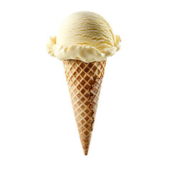Wall Mural - Front view of a delicious looking single vanilla ice cream scoop on a cone levitating in the air isolated on a white transparent background