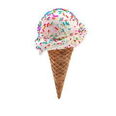 Wall Mural - Front view of a delicious looking single birthday cake ice cream scoop on a cone levitating in the air isolated on a white transparent background