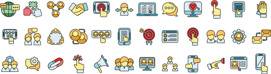 Sticker - Interaction icons set outline vector. Test process. Ux user thin line color flat on white