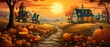 Unique pumpkin village, whimsical cottages, ground level, autumn sunset, harvest warmth