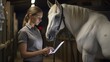Woman Using Tablet in Stable