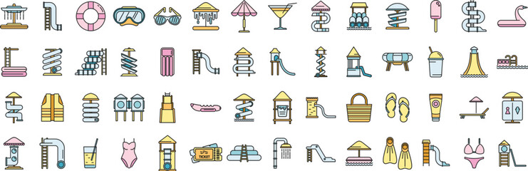 Poster - Water park icons set outline vector. Slide pool. Swim waterpark thin line color flat on white