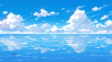 Cartoon Lake Scenery Illustration Under Blue Sky
