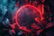 Light dances on a dark canvas. A circular red neon frame bursts with vibrant leaves, reminiscent of a tropical paradise. This digitally manipulated image embodies the spirit of junglepunk.