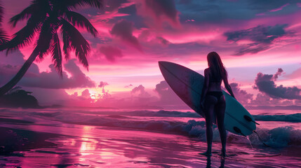 Wall Mural - Surfing woman on a surfboard