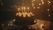 Elegant Chocolate Birthday Cake with Sparkling Candles in Dimly Lit Festive Ambiance
