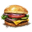 An illustration of a Burger on a seeded bun with cheese, pickles, red onion and tomato and lettuce. White background. 