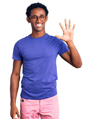 African handsome man wearing casual clothes and glasses showing and pointing up with fingers number five while smiling confident and happy.