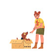 Girl with dog in box. Vector image of happy child or kid near purebred or homeless puppy in carton box. Animal adoption and protection, home shelter. Domestic doggy friend in container. Flat clipart.